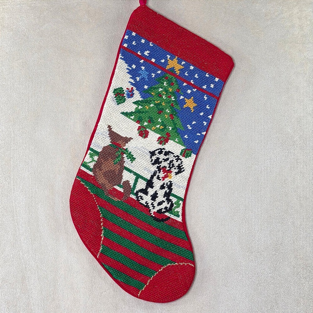 Vintage Retired Lands End Needlepoint Christmas Stocking Dalmatian Dog